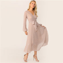 Load image into Gallery viewer, Sheinside Pink Glitter V Neck Wrap Maxi Dress Women 2019 Summer Lantern Sleeve A Line Dresses Ladies Belted Pleated Dress