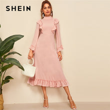 Load image into Gallery viewer, SHEIN Abaya Pink Mock Neck Ruffle Trim High Waist Maxi Dress Women Spring Autumn Solid Fit and Flare Elegant Modest Dresses