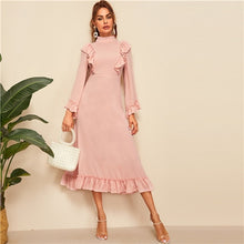 Load image into Gallery viewer, SHEIN Abaya Pink Mock Neck Ruffle Trim High Waist Maxi Dress Women Spring Autumn Solid Fit and Flare Elegant Modest Dresses