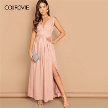 Load image into Gallery viewer, COLROVIE Pink V Neck Ruched Waistband High Split Plunge Pleated Sexy Maxi Dress Women 2019 Summer Grey Flared Party Dresses