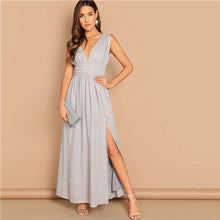 Load image into Gallery viewer, COLROVIE Pink V Neck Ruched Waistband High Split Plunge Pleated Sexy Maxi Dress Women 2019 Summer Grey Flared Party Dresses