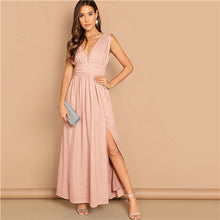 Load image into Gallery viewer, COLROVIE Pink V Neck Ruched Waistband High Split Plunge Pleated Sexy Maxi Dress Women 2019 Summer Grey Flared Party Dresses