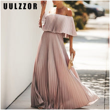 Load image into Gallery viewer, UULZZOR Off shoulder dresses pleated long dress Women party dress maxi ruffle solid pink autumn dresses Elegant 2019 Vestidos